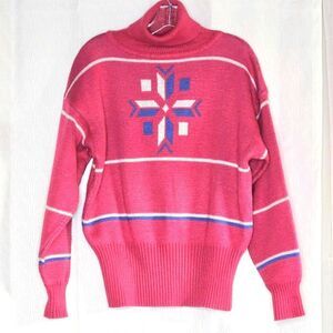 Slalom Vintage 80's Hot Pink Nordic Snowflake Design Turtleneck Knit Ski Sweater